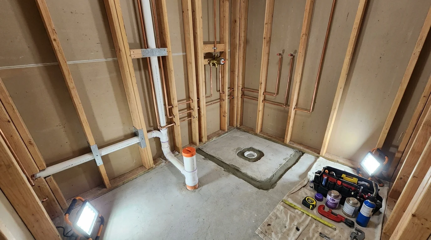 Bathroom rough-in plumbing during remodel by Johns Plumbing LLC in Goodland