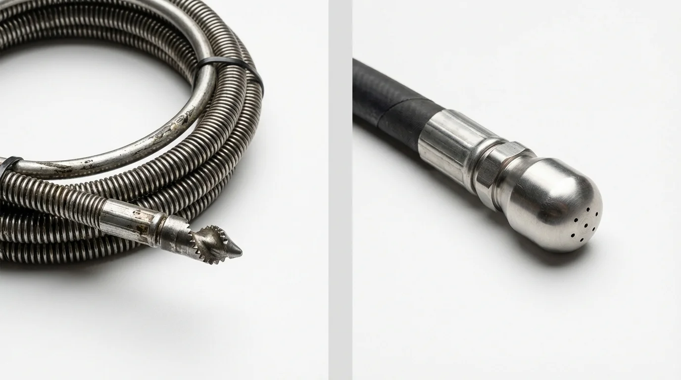 Drain snake cable and hydro jetting nozzle used for drain cleaning in Goodland, IN