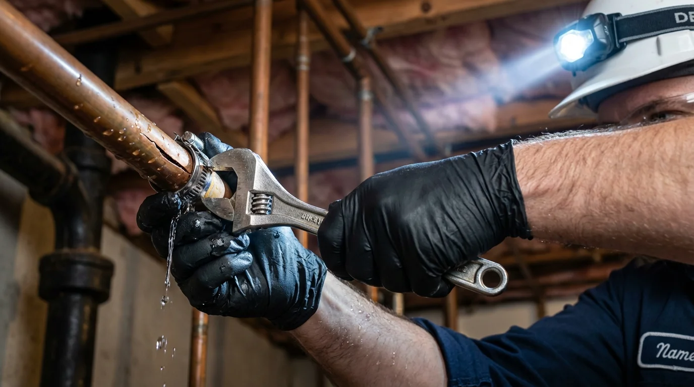 Emergency pipe clamp repair being performed by a Johns Plumbing LLC plumber in Goodland