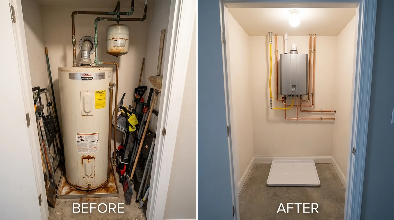 Tank water heater versus wall-mounted tankless unit comparison for Goodland, IN homeowners