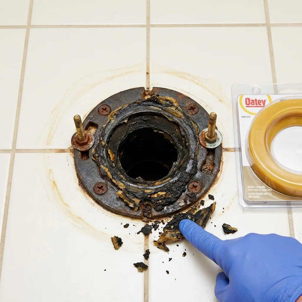 Failed wax ring showing water seepage at the base of a toilet in a Goodland, IN home