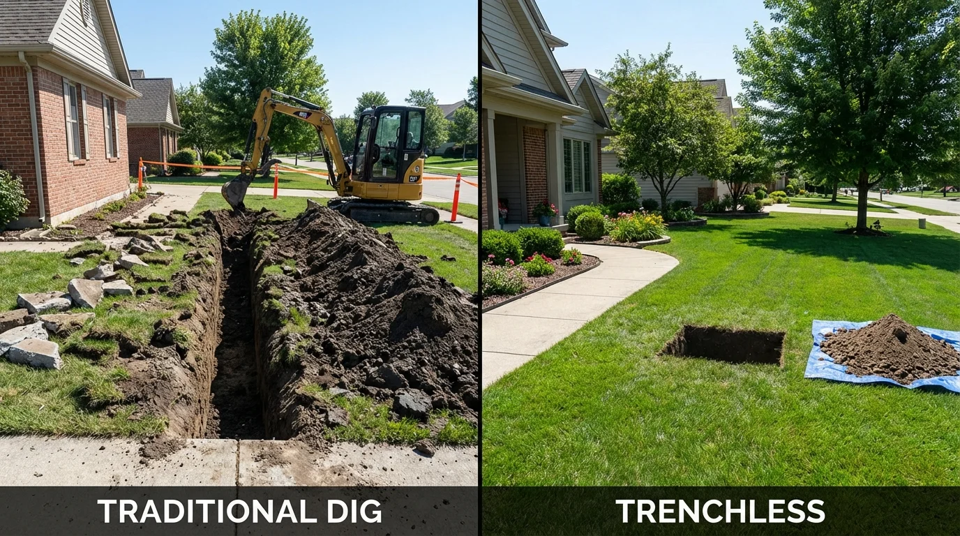 Trenchless sewer repair with minimal yard damage versus traditional excavation in Goodland, IN