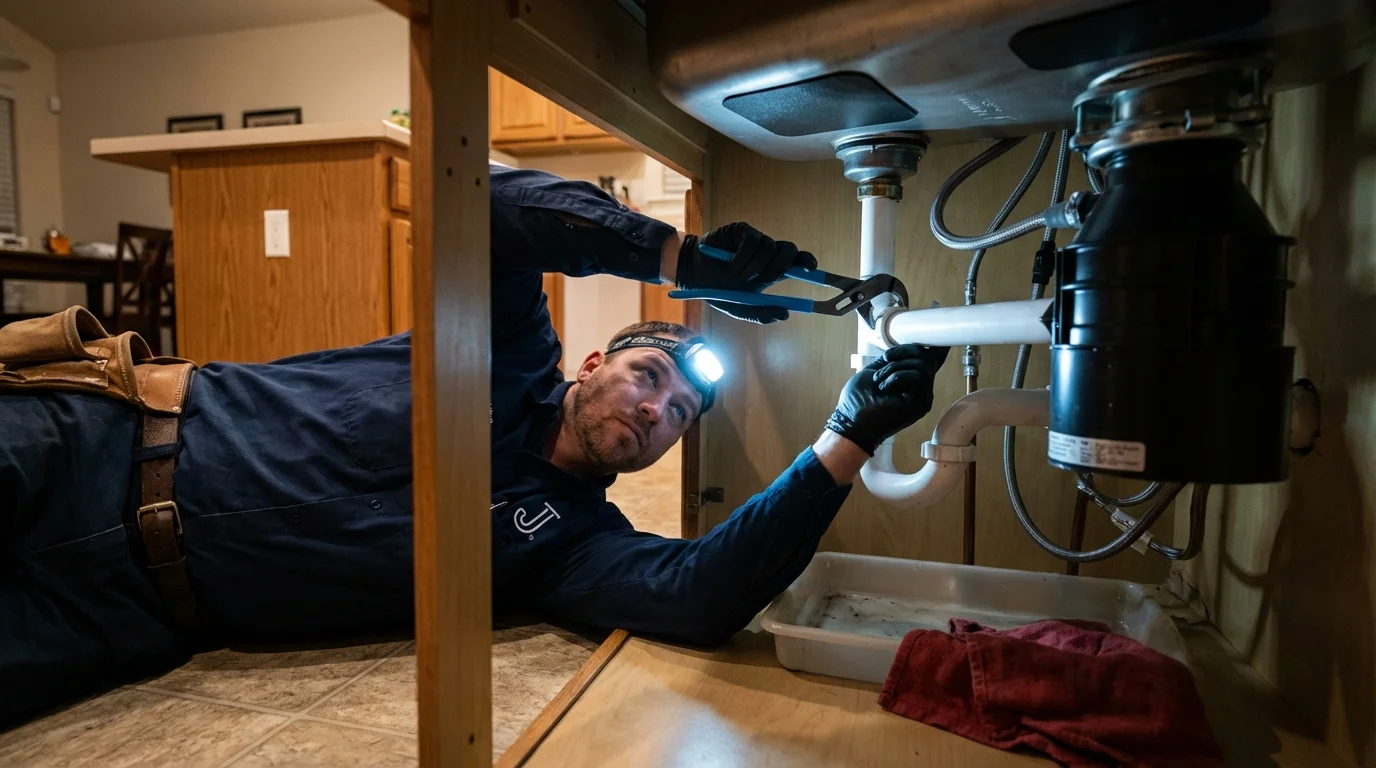 P-trap and supply line connections under a kitchen sink showing a common leak point in Goodland, IN